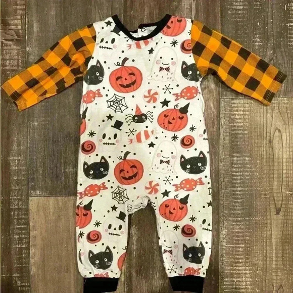 Peppy Mini 100% cotton Halloween Boutique Printed Romper Pjs Button Up - Picture 1 of 4